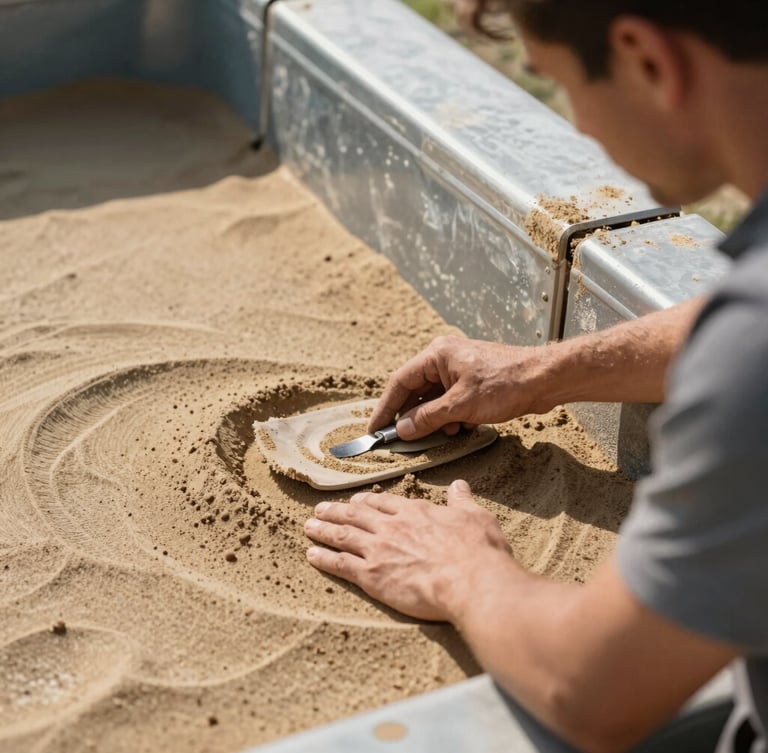 Close-up of a technician smoothing a pool sand bottom and repairing metal walls, bright direct sunlight, technical detail focus