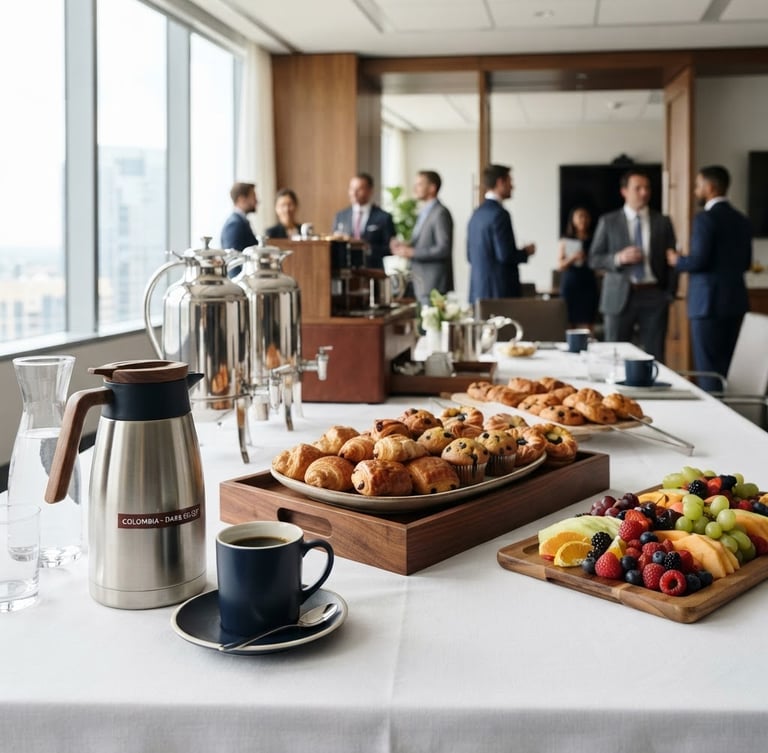 Elegant corporate coffee break setup in a modern meeting room, freshly brewed coffee, artisanal pastries, and fresh fruit platters on a white tablecloth, bright natural morning light, shallow depth of field, deep navy and rich brown tones.