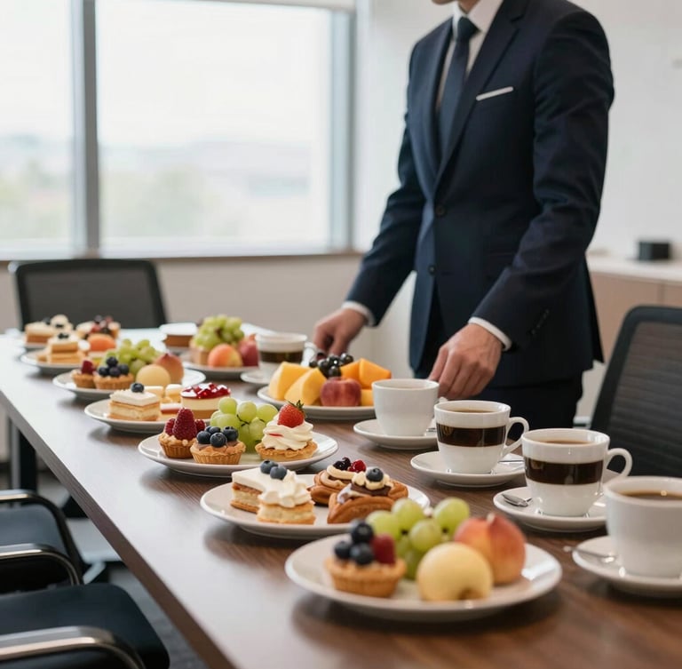 Corporate coffee break setup in a modern meeting room, elegant pastries, fresh fruit, and coffee, bright natural morning light, shallow depth of field, professional corporate catering, right side of frame.