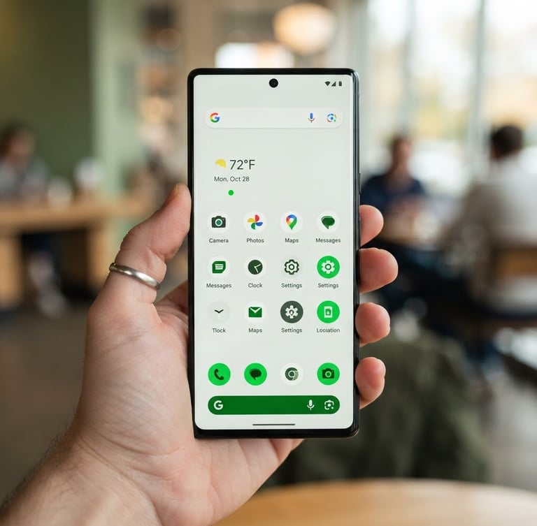 High-fidelity Android device mockup, showing a clean, minimalist app interface with vibrant green accents, held in a hand in natural daylight, shallow depth of field.