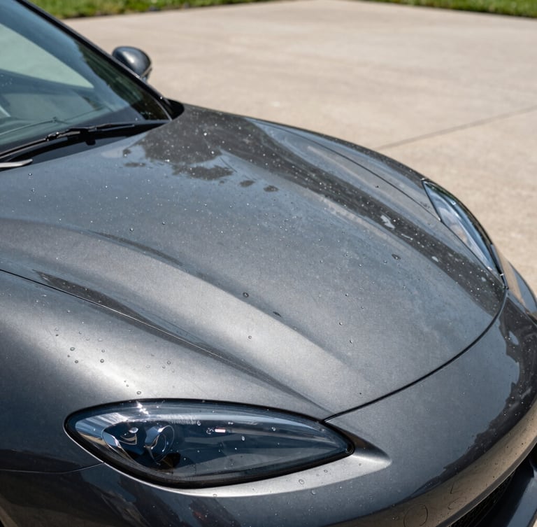 Close-up of water perfectly beading on a dark grey ceramic-coated sports car hood in a clean driveway, sharp natural daylight