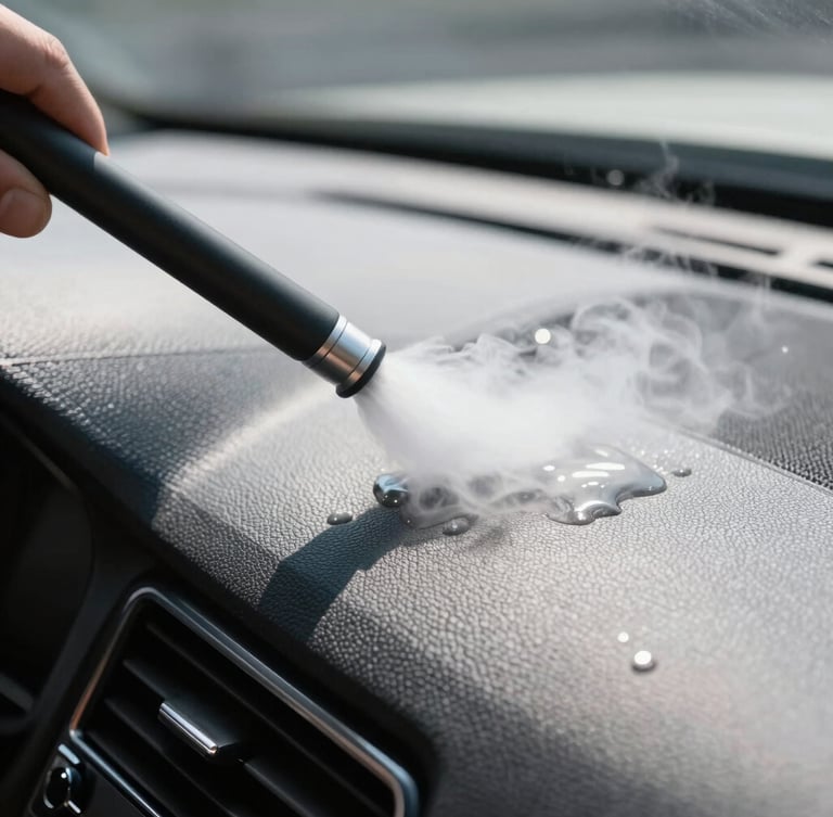 Macro shot of high-pressure steam cleaning a textured car dashboard, bright natural daylight, sharp reflections, clinical cleanliness