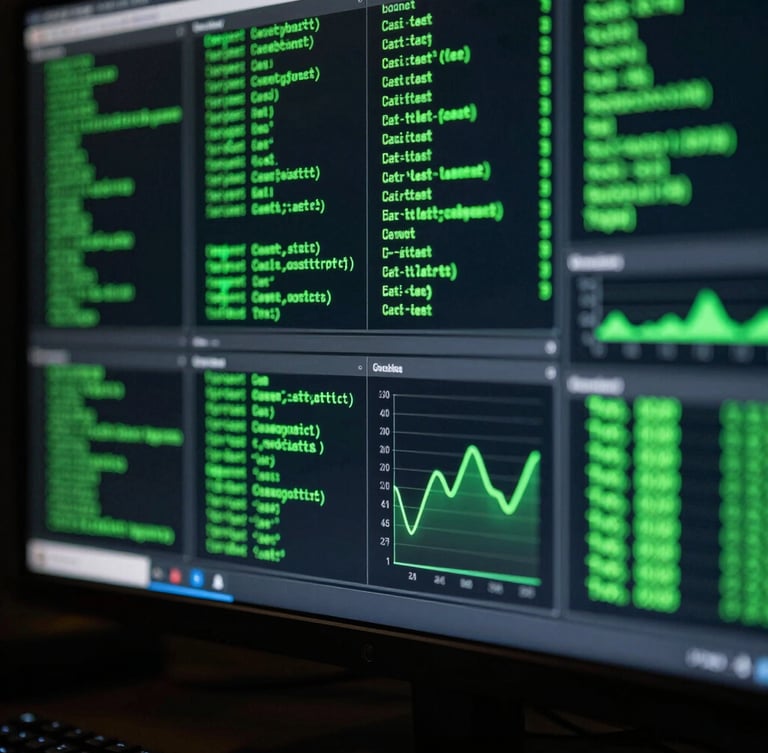 Extreme macro close-up of a high-contrast computer monitor displaying glowing green code and real-time analytics charts, dark ambient cyberpunk lighting, sharp focus, technical terminal aesthetic