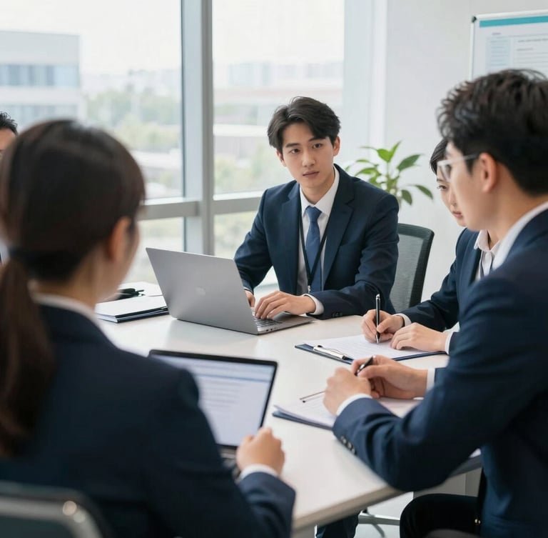 Over-the-shoulder view of a corporate workshop, active collaboration around a table, bright natural daylight, professional setting