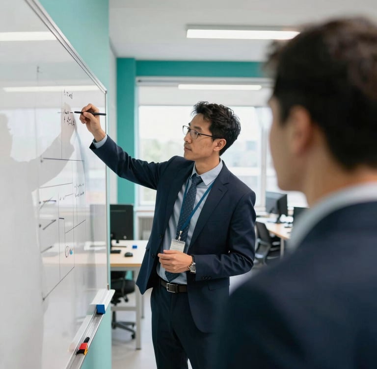 Dynamic over-the-shoulder perspective of a modern corporate workshop, professional setting, people collaborating on a whiteboard, bright natural daylight, teal accents.