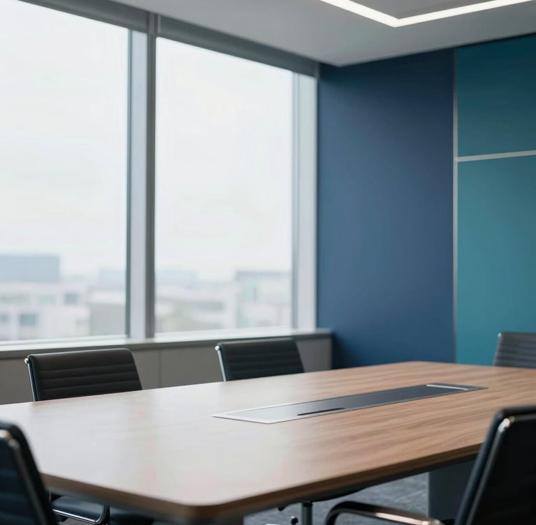 A professional corporate meeting room with a large window, modern architecture, soft natural light, clean lines, professional setting with deep navy blue accents.
