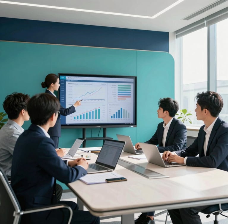 Wide environmental shot of a modern corporate meeting room, professionals analyzing data on a screen, bright natural daylight, clean navy and teal accents