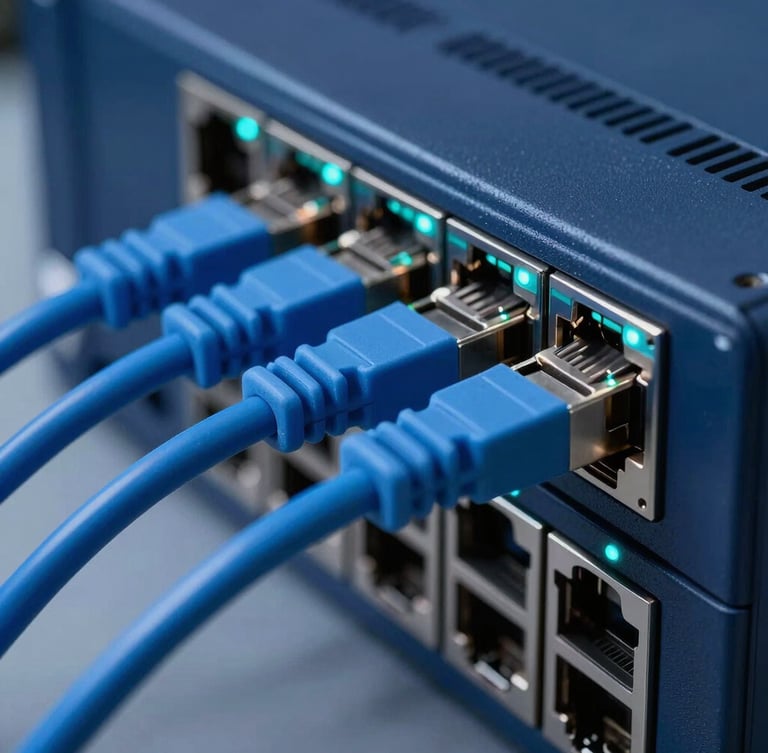 Close-up of secure network hardware with clean blue ethernet cables plugged into a high-end switch, cool cyan indicator lights, sharp corporate technology photography