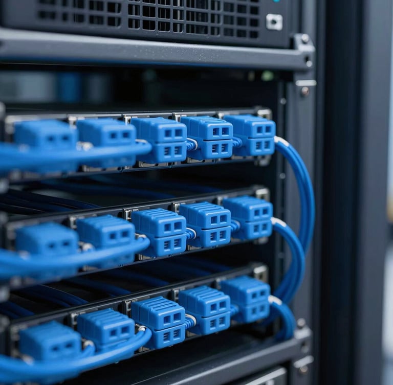Macro shot of physical tech infrastructure, server racks with clean blue cabling, sharp focus, cool studio lighting