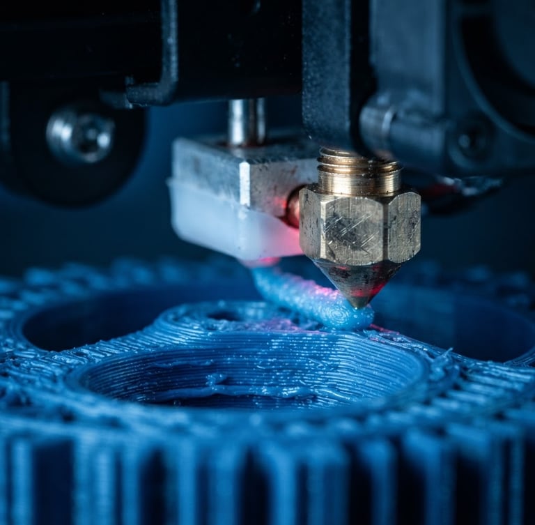 Extreme close-up macro photography of a 3D printer nozzle extruding a textured layer, high contrast cool studio lighting, blueprint blue tones, sharp focus, precision engineering, 100mm macro lens