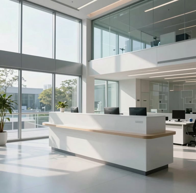 Wide environmental shot of a modern, clean clinical workspace with bright natural daylight, crisp architectural glass reflecting morning light, empty high-tech reception desk, cool-toned.