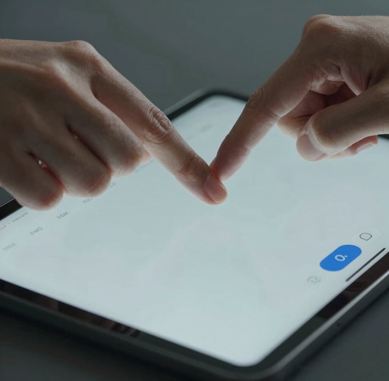 Tight macro shot of hands interacting with a clean digital dashboard on a tablet, natural cool-toned daylight, high-clarity interface.