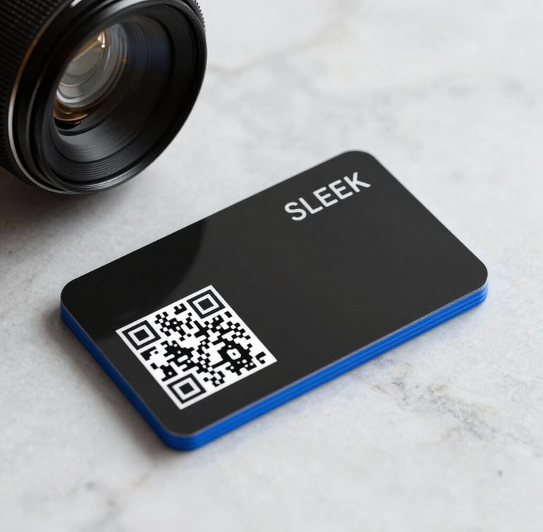 Sleek studio mockup of a matte-black acrylic QR business card resting on a clean marble surface, bright royal blue accent borders, soft diffuse shadows