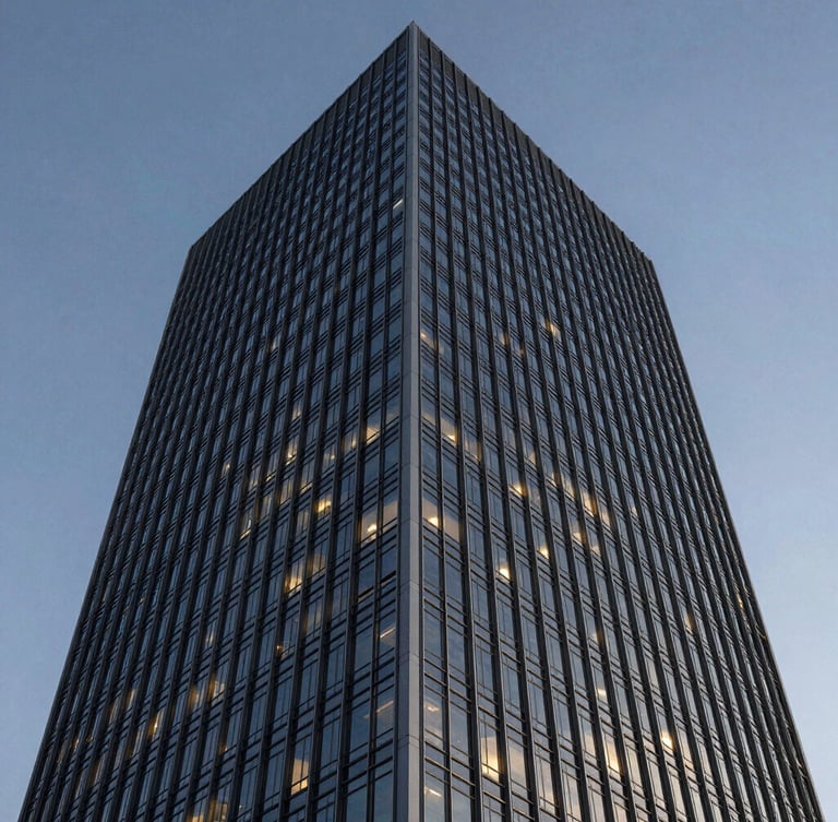 Low-angle architectural crop of a modern steel and glass skyscraper facade against a crisp twilight sky, sharp focus.