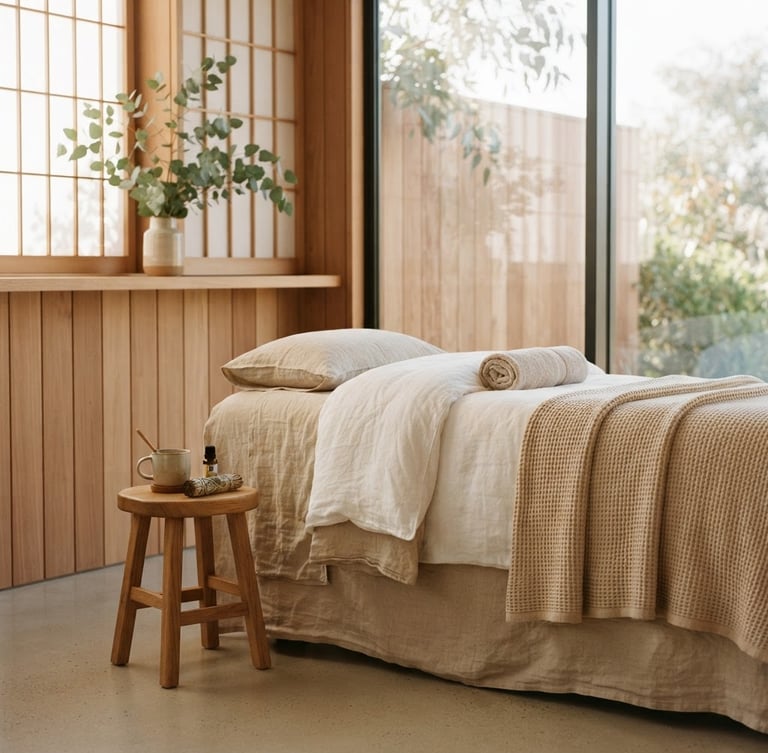 A sunlit minimalist treatment room with smooth cedar panels and organic linen, soft diffused coastal light filtering through eucalyptus leaves, shallow depth of field, warm editorial photography.