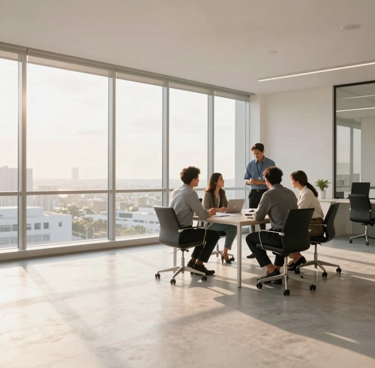 Wide environmental shot of an airy Miami office with soft golden-hour window light, focused professionals collaborating around a clean table, high negative space, 35mm