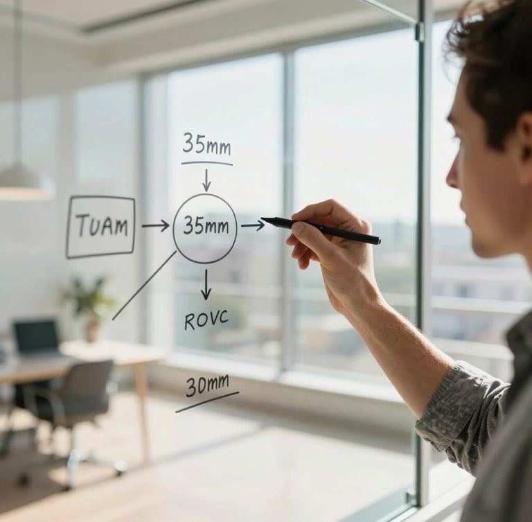 A close-up editorial portrait of a focused professional sketching a strategic roadmap on a glass whiteboard, bright natural daylight streaming through a large window, shallow depth of field, 35mm.