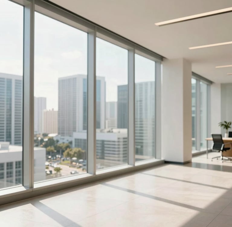Wide environmental shot of a sun-drenched modern Miami corporate office, floor-to-ceiling windows showing a bright skyline, clean minimalist architectural lines, warm natural morning light.