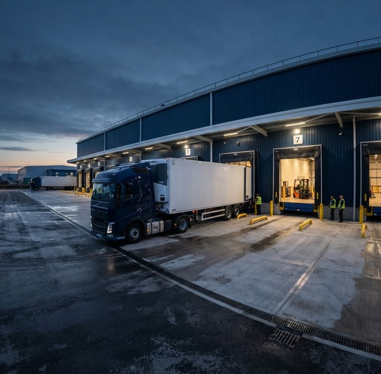 Wide panoramic shot of a modern refrigerated transport truck backing into a cold storage warehouse loading dock at dawn, crisp cool lighting, high-contrast navy and white tones, sharp wide-angle lens, industrial logistics photography.