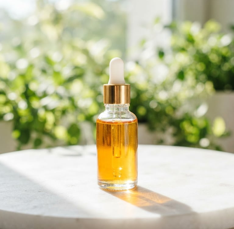 Bright high-key skincare photography, a glass bottle of golden botanical serum catching direct morning sunlight on a clean white stone surface, fresh green leaves in soft focus background