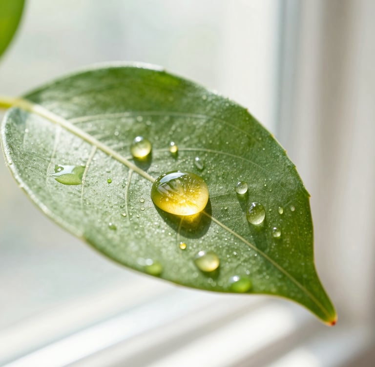 Macro close-up of golden serum droplets on a fresh green leaf, catching bright morning window light, high-key skincare photography