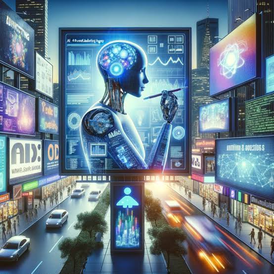 A futuristic city street featuring a giant digital billboard displaying a robotic AI cyborg with glowing neural networks.