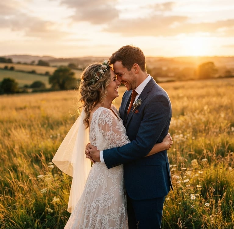 Cinematic portrait of a wedding couple embracing in an open field at sunset, warm golden-hour light, deep shadows, rich organic tones, shallow depth of field, 35mm film grain