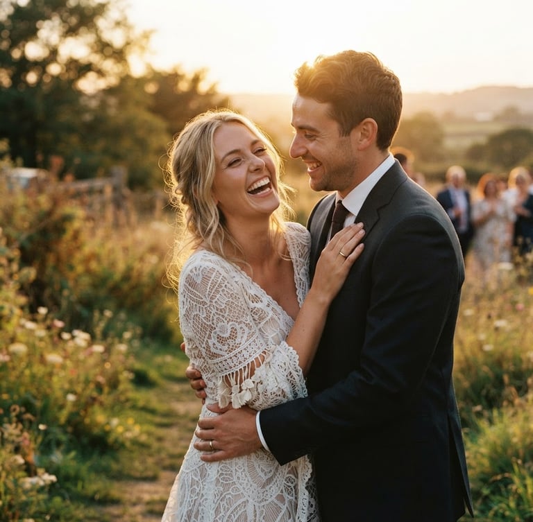 Intimate candid wedding portrait, warm golden hour light, soft 35mm film grain, couple laughing naturally, deep shadows, emotional narrative