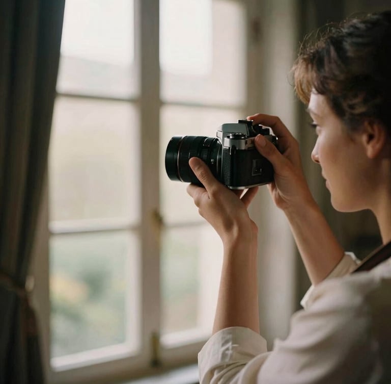 A filmmaker holding a vintage camera, capturing a candid moment from a distance, soft natural window light, cinematic depth of field