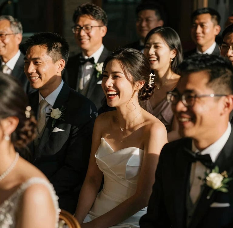 Candid shot of wedding guests laughing naturally, rich shadows, warm light, documentary wedding style