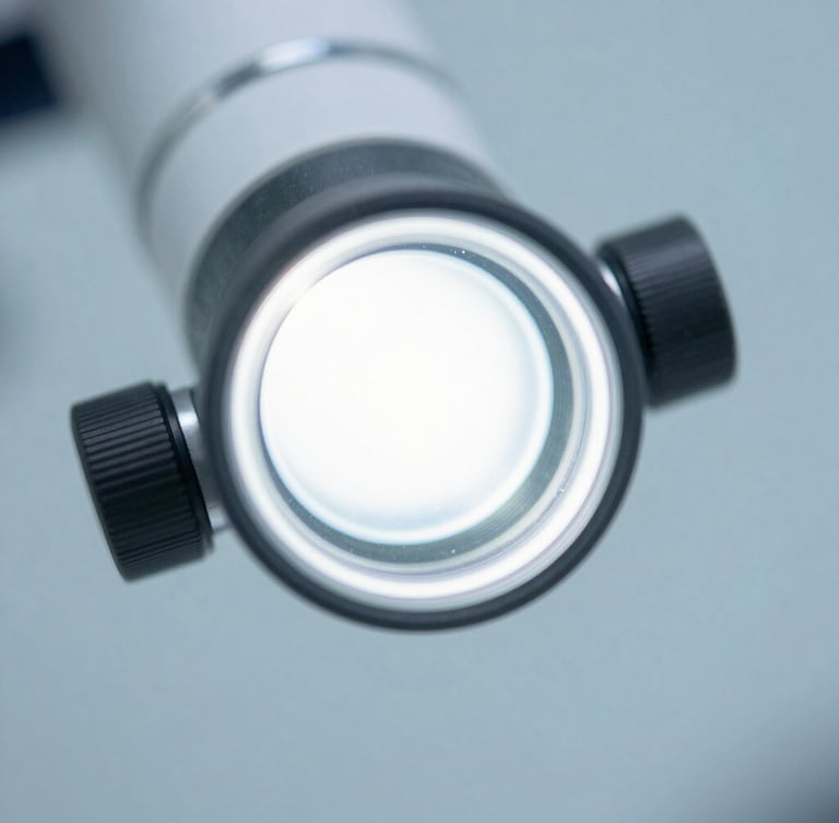 Macro shot of a modern ophthalmic diagnostic lens reflecting bright, clean clinical white light, with a soft slate blue background.