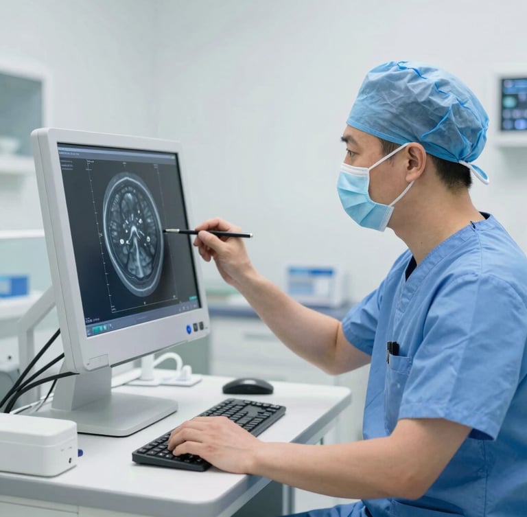 An ophthalmologist in sterile blue scrubs analyzing high-resolution retinal scans on a bright clinical monitor, clean medical facility background.
