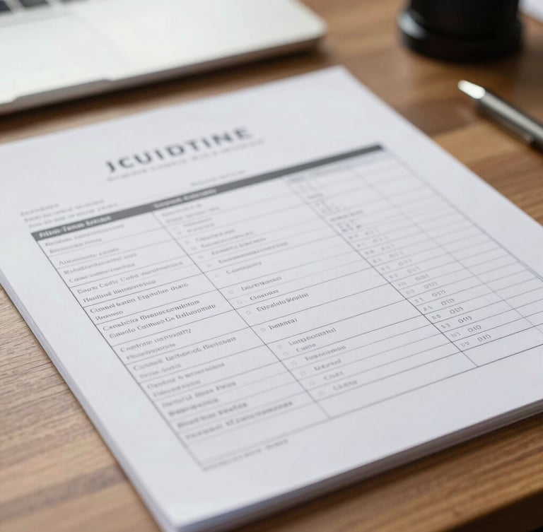 Close-up of a structured legal audit document on a wooden desk, soft natural window light