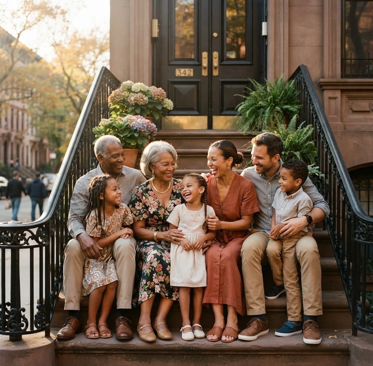 Warm editorial fashion portrait of a multi-generational family on a sunlit brownstone stoop, golden-hour natural light, rich cinematic tones, 35mm film style