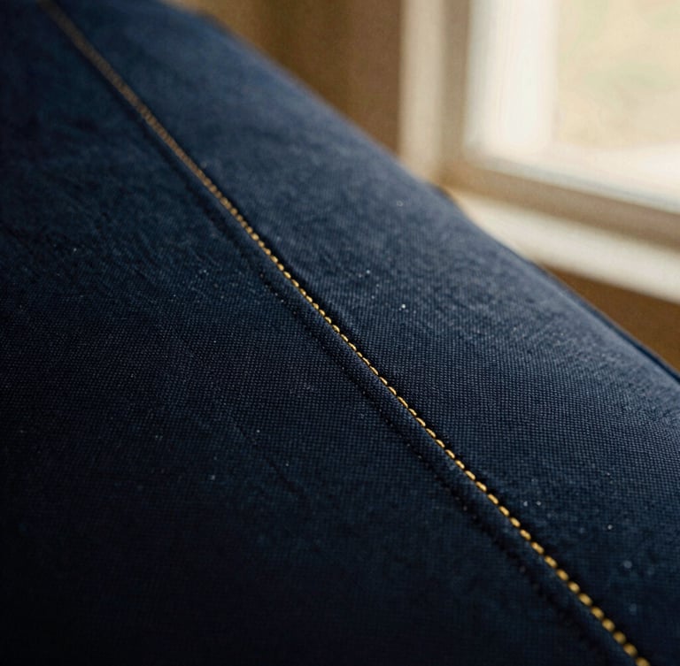 Tactile close-up of premium navy cotton fabric texture and gold stitching, soft diffused window light, shallow depth of field