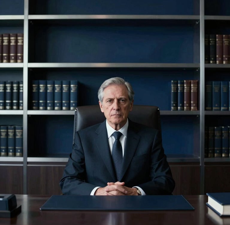 Tight editorial portrait of a senior lawyer in a dark tailored suit, sitting in a modern executive office with leather-bound books and sharp metallic lines, cool low-key lighting.