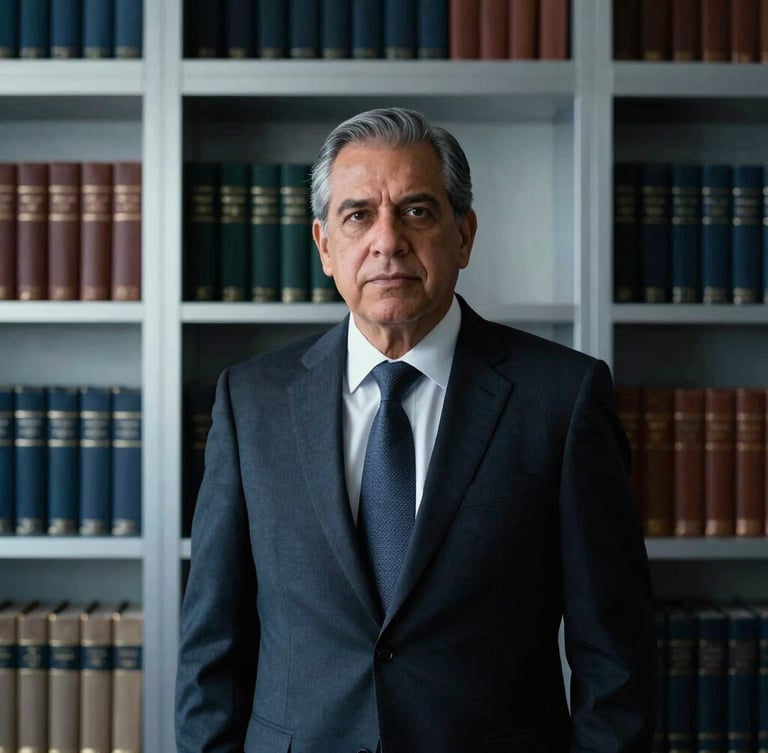 Tight editorial portrait of a senior Hispanic lawyer in a dark tailored suit, modern executive office with leather-bound books in soft focus, dramatic low-key lighting, cool silver tones, 35mm