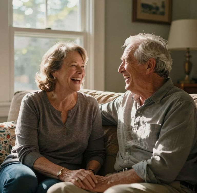 Active, engaged older couple laughing together in their sunny Naperville living room, natural warm daylight streaming through a window, residential setting, medium shot, high contrast.