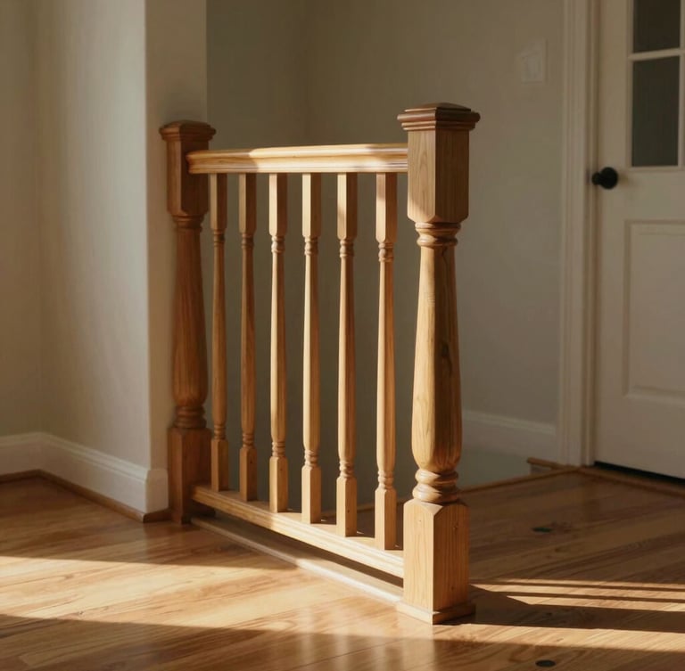 Medium shot of a warm, sunlit Naperville home entryway, soft morning light illuminating a newly installed sturdy wooden handrail, clean wooden floors, inviting and safe residential atmosphere.