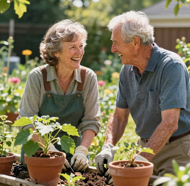 A warm, daylight-filled medium shot of an active senior couple laughing together while working in their sunny Naperville garden, vibrant green leaves and terracotta pots in focus.