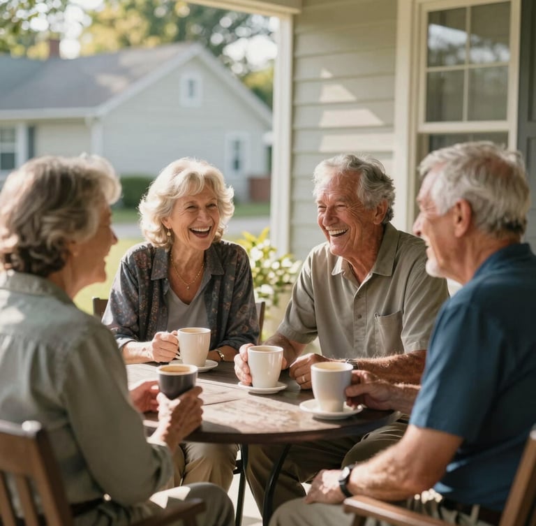 A warm medium shot of four smiling senior volunteers sitting together on a sunny front porch in Naperville, laughing and sharing coffee, natural residential lighting.