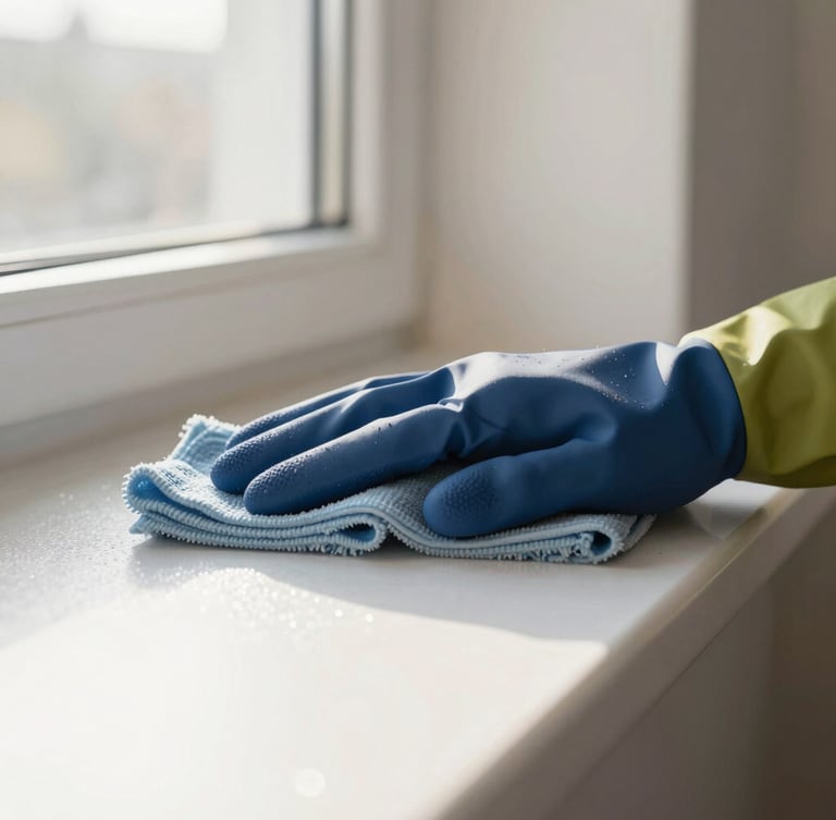 Close-up of a professional cleaner's hands, wearing gloves, carefully wiping a sparkling surface with an eco-friendly cloth, bright morning window light, rich navy and olive tones, soft natural depth of field, focus on attention to detail.