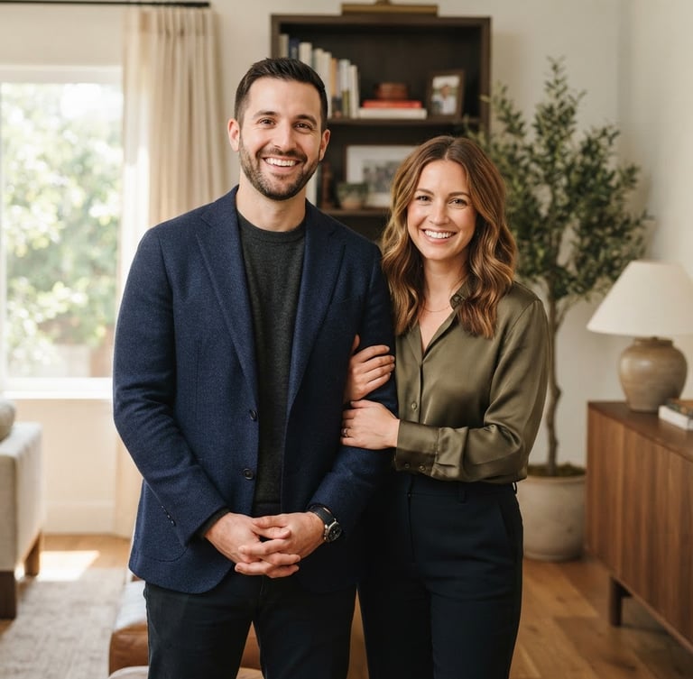 Warm, professional portrait of founders Jacob Santone and Paige Sigley smiling gently, standing in a sunlit, clean home interior, soft morning window light, rich navy and olive tones, soft natural depth of field, looking approachable and trustworthy.