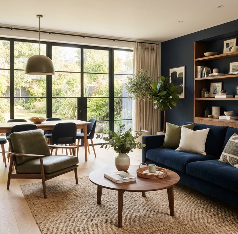 Sunlit, beautifully styled modern home interior, sparkling clean, soft morning light, rich navy and olive tones, wide shot, inviting and immaculate.