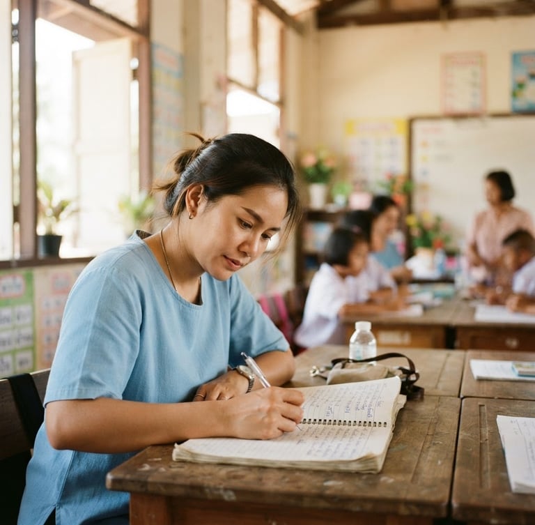 Warm editorial photography of an adult student writing in a notebook in a bright, sunlit community classroom in Thailand, 35mm lens, shallow depth of field