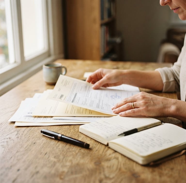A close-up of hands organizing official documents and a notebook on a clean wooden desk, bright natural daylight from a side window, soft realistic tones.