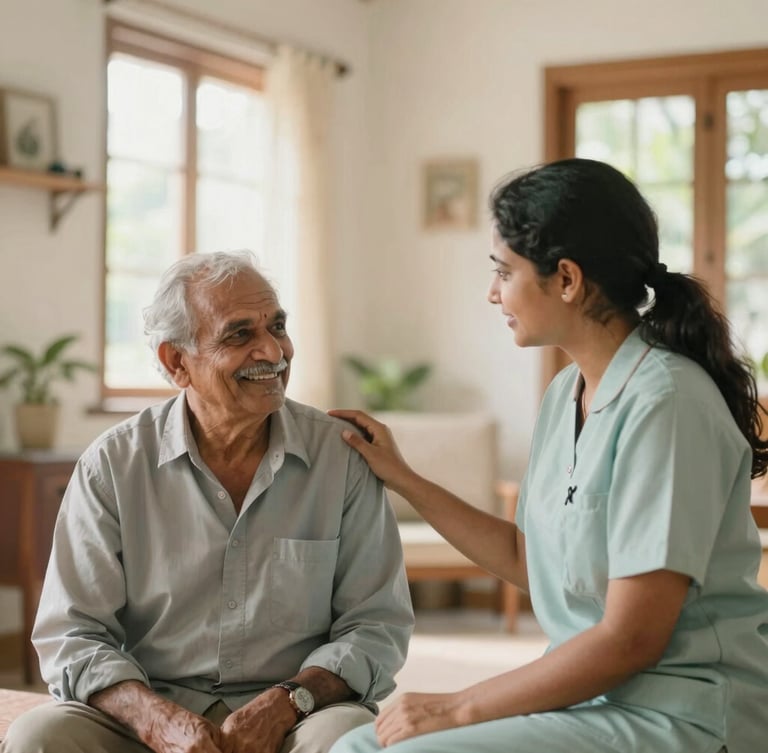 A warm, daylight-filled Kerala home interior where an elderly parent is smiling while talking to a professional female caregiver in a clean uniform, soft focus background.