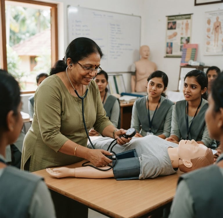 A professional caregiver training session in Kerala, a female instructor demonstrating blood pressure measurement on a medical mannequin in a bright classroom, soft diffused daylight, warm editorial style.