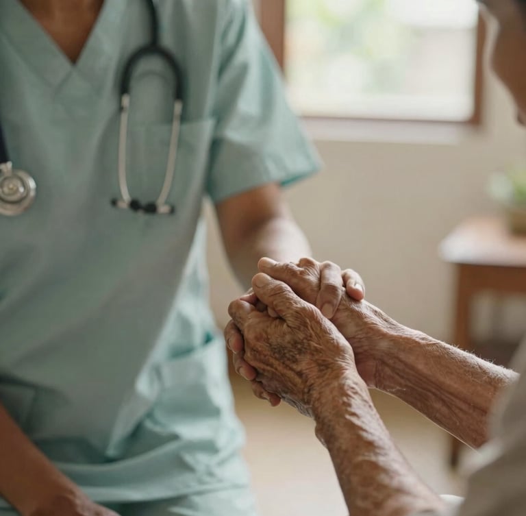 A close-up of a professional nurse gently holding the hand of an elderly patient in a sunlit Kerala home, warm editorial photography, soft diffused natural daylight, shallow depth of field.
