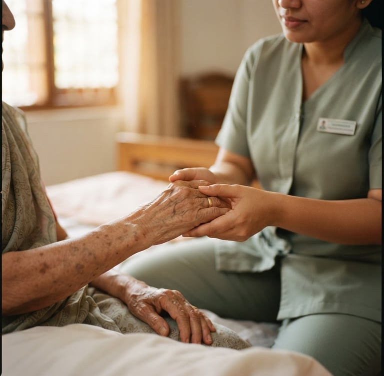 A close-up shot of a professional caregiver in a soft sage uniform gently holding the weathered hand of an elderly person, soft warm Kerala morning light flowing through a window, shallow depth of field.